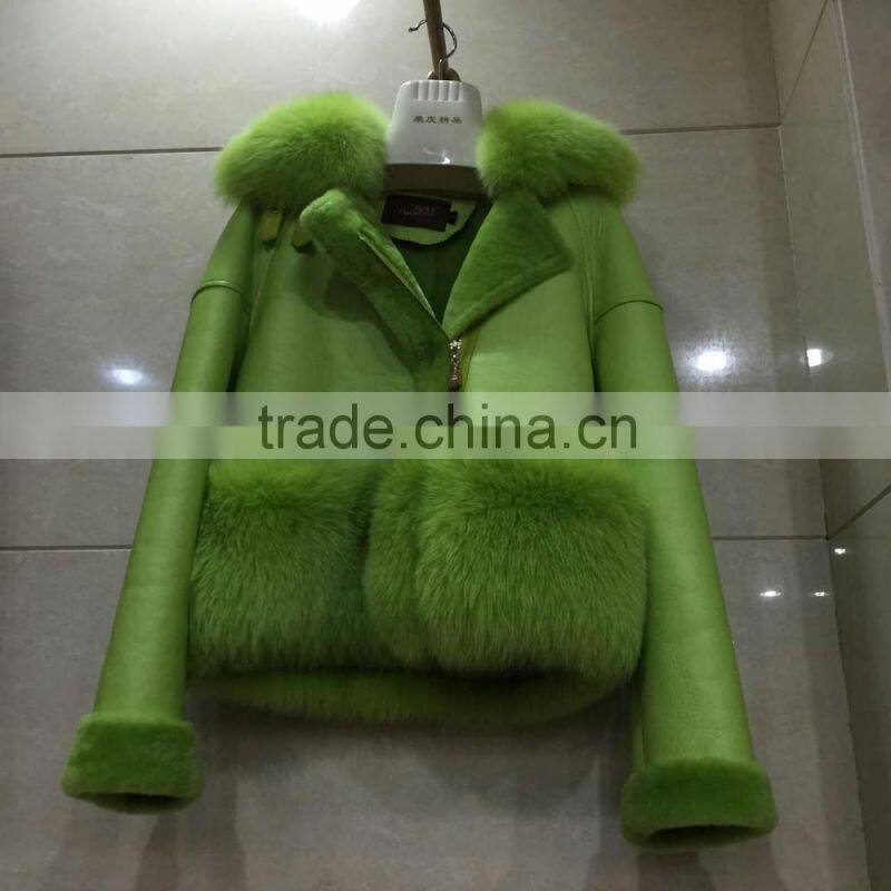 Hot Sale Cool Style Ladies Real Black and Grey Fox Shearing Fur Women Leather Jacket