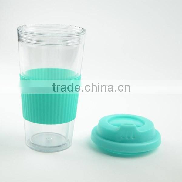 Double Wall PP Plastic Coffee Travel Mug With Silicon Band