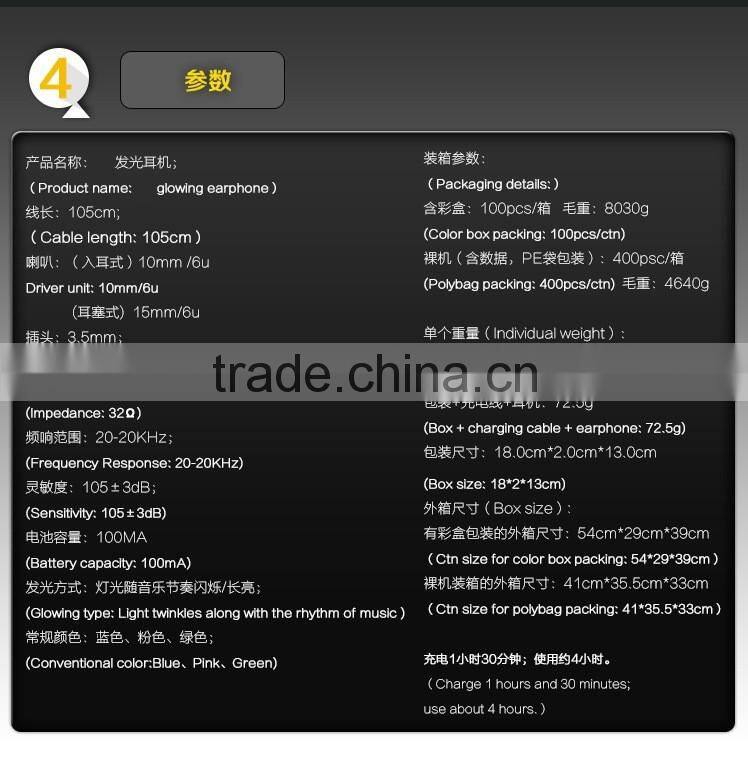 in ear crystal clear shiny earphone with led line