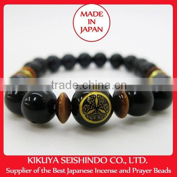Tokugawa Ieyasu, samurai bracelet, black onyx 10 mm with citrine (yellow quarts) and tiger-eye, Japanese accessory, Japan
