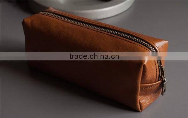 2016 hot selling brown leather fancy pen holder with zipper