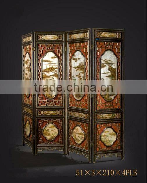 Traditional Chinese Furniture Hand Painting Four Panel Folding Screen, Retro Art Painting Decorative Wooden Floor Screen