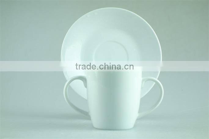 White porcelain cup saucer double handles , stock cups chaozhou factory Sanbo