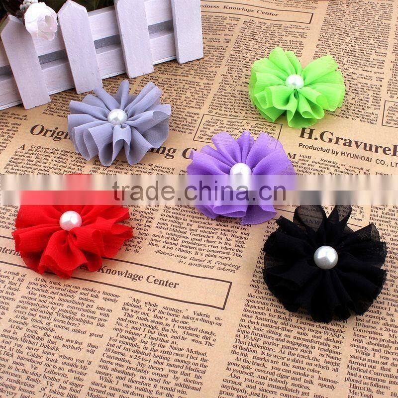 handmade chiffon flower with pearl beads center for kids hair accessories for baby girl