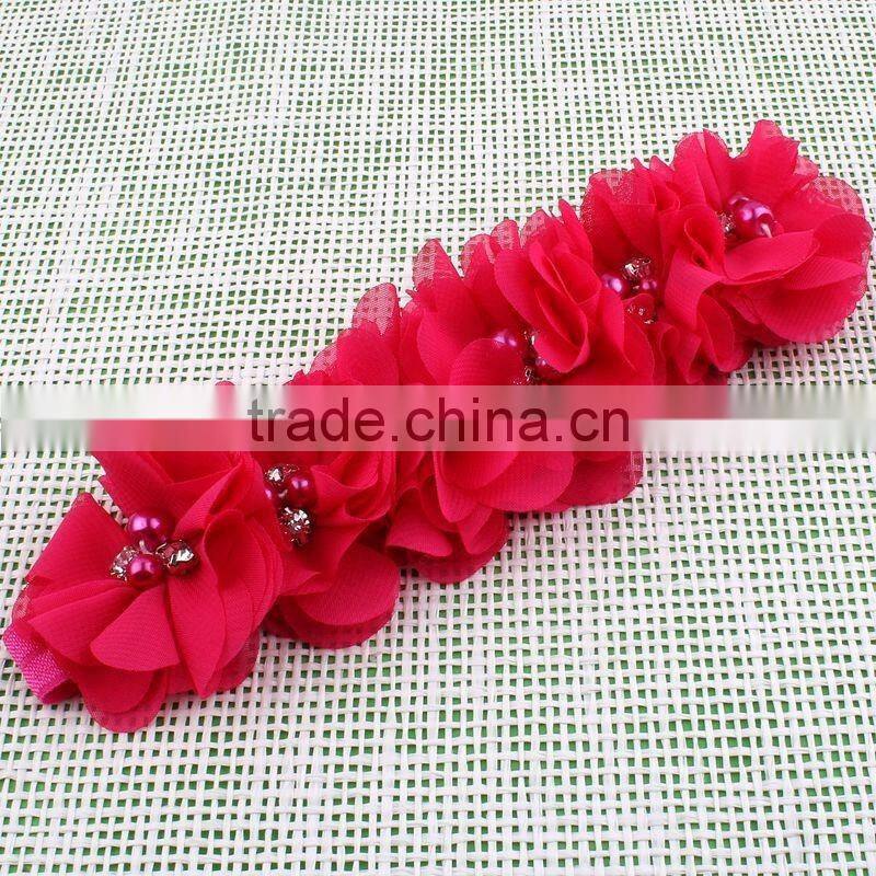 handmade chiffon flower headband with pearl beads center for kids hair accessories for baby girl