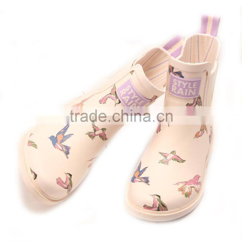 beige cream color bird printed girls soft comfortable warm winter waterproof shoes garden use antislip outsole rain boot wellies