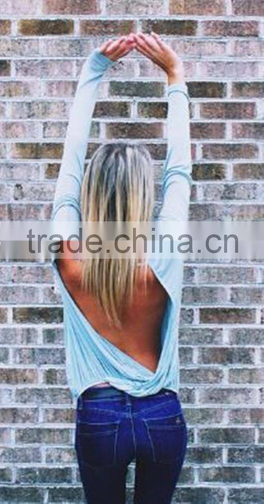 Sexy Women Ladies Crew Neck Backless Casual Long Sleeve Cotton T-Shirt Blouse Tops