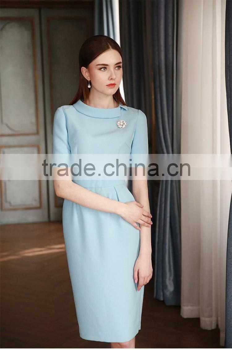 Ladies Slim Fit Light Blue Short Sleeve Elegent Dress