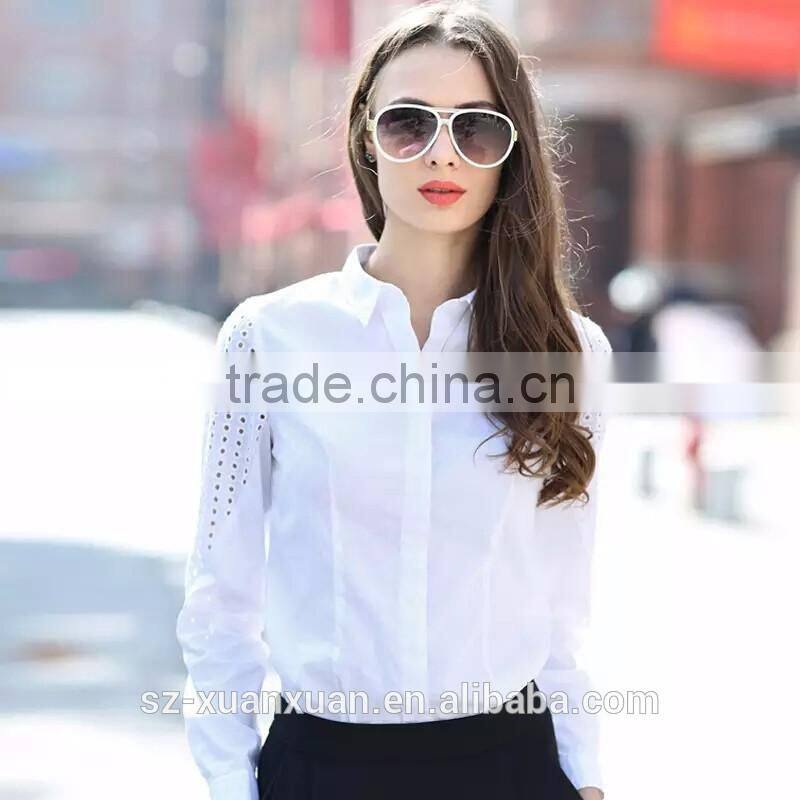 2016 Wholesale plain white cotton ladies office shirt