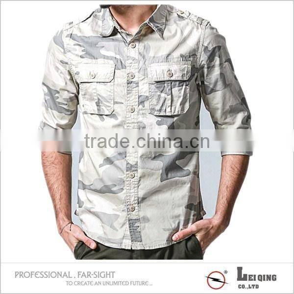 Cotton fashion olive green military style long sleeve shirt