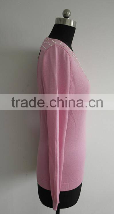 Ladies Fashion bead round neck backless costume sweater