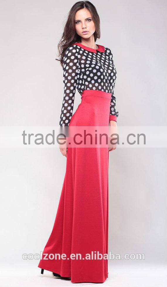New arrival polka dot print vintage collar long sleeve maxi dress