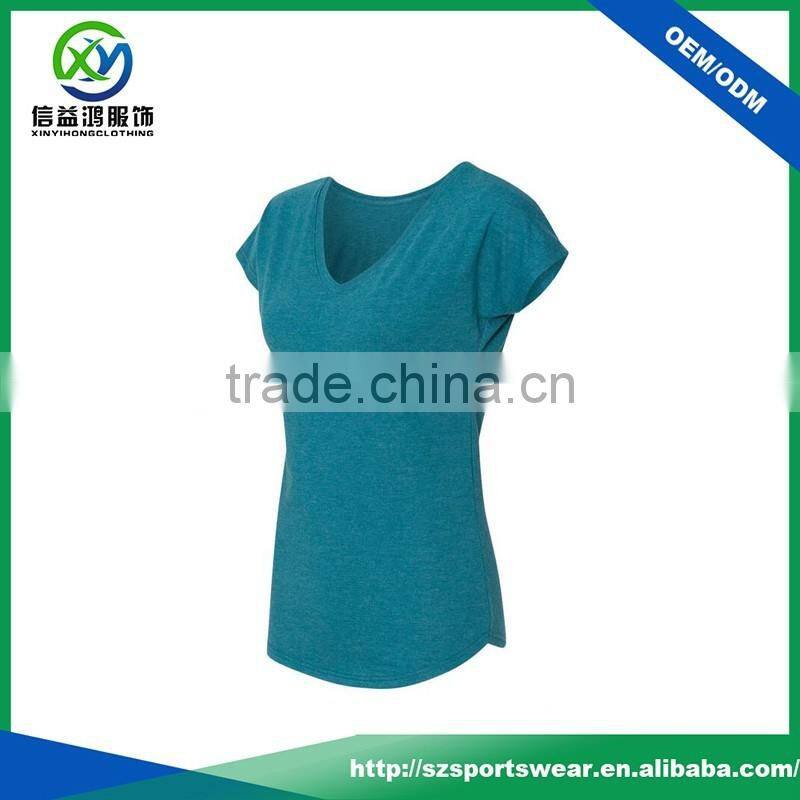 New Design 92%Polyester 8%Spandex V-neck Women Sport T Shirt With Curve Bottom