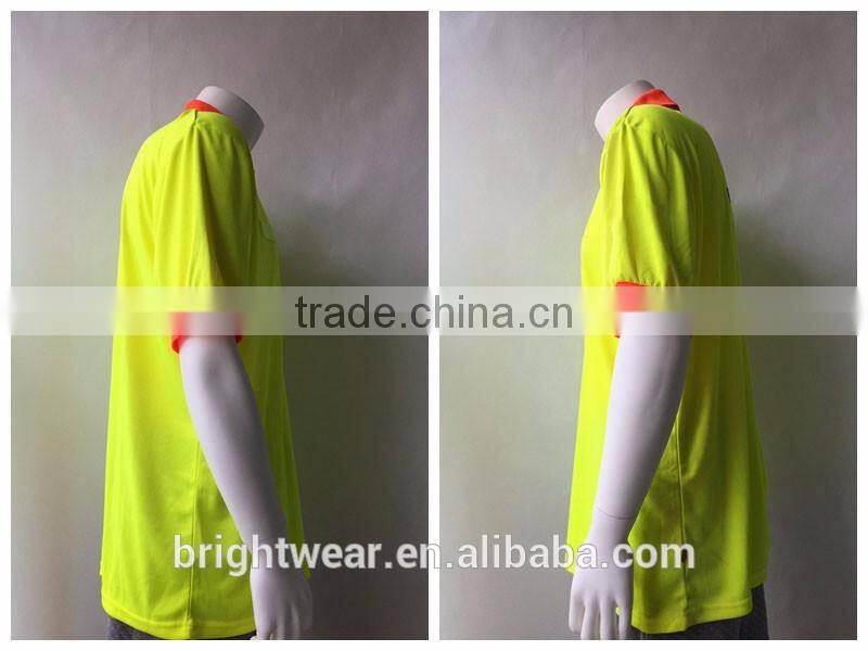 Mens high quality high visibility fluorescent short sleeve contrast rib collar micro mesh safety polo tshirt