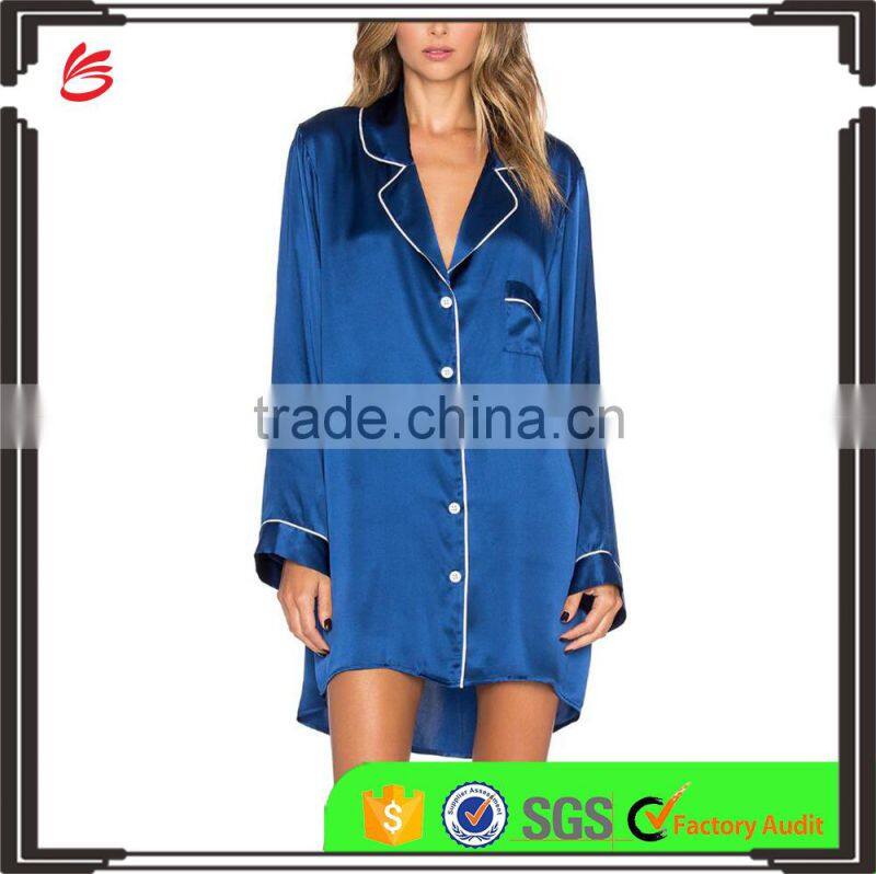 2017 fahsion style Women's Summer Sexy Silk Satin ladies long sleeve night shirts Pajamas nightgown wholesale