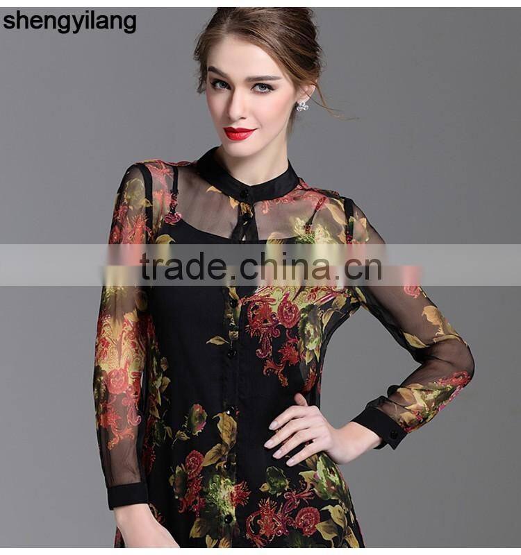 2016 spring summer pure true button-up silk long sleeve shirt dress
