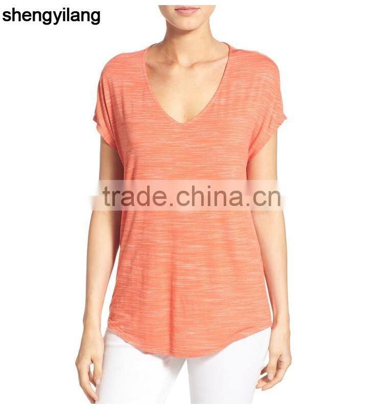 rayon,polyester,spandex tri-blend curved hem v neck wholesale short sleeve t shirts