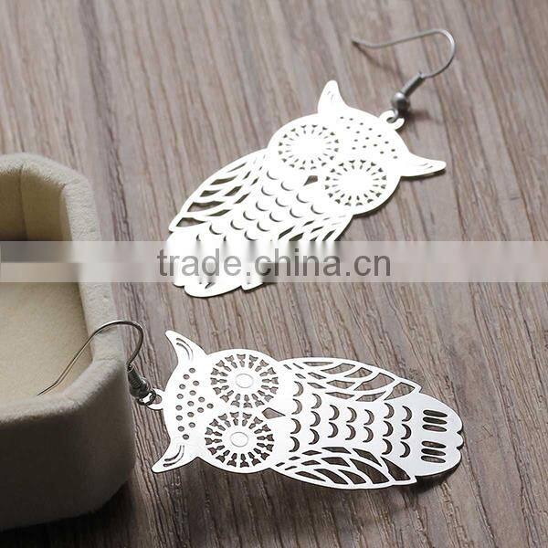 New Fashion Copper Filigree Stamping Earrings Ear Wire Hooks Halloween Owl Silver Tone Hollow 61mm x 26mm