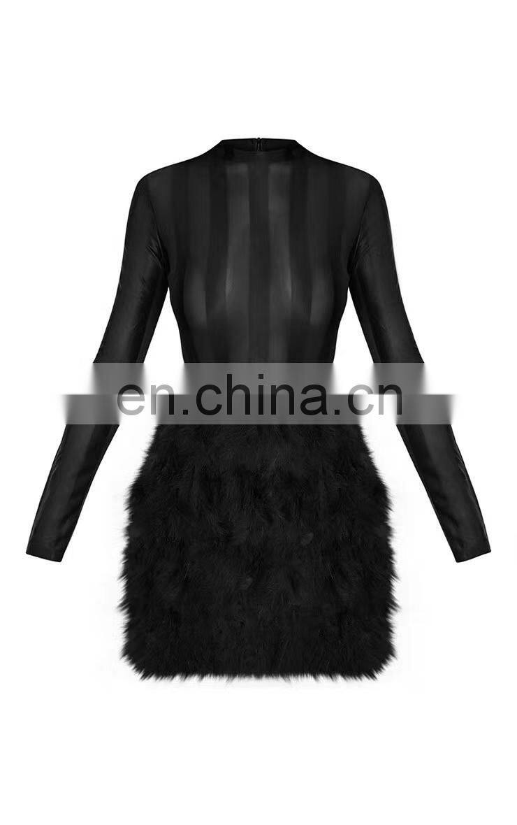 Women's Sexy Long Sleeve Mesh Luxury Fur Trim Party Dresses New Year's Eve Hot Dresses