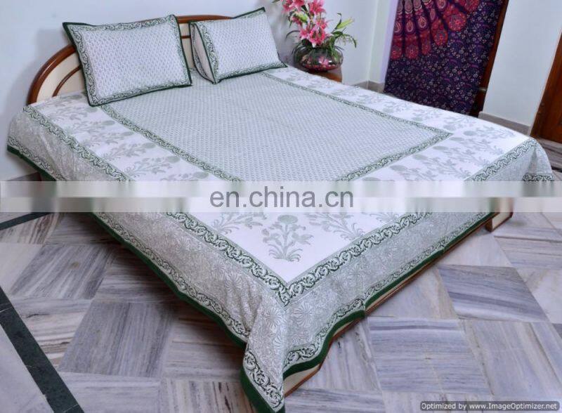 White Cotton 3pcs Set Bed Sheet Traditional Hand Block Printed Bed Cover Flat Sheet India Bedding