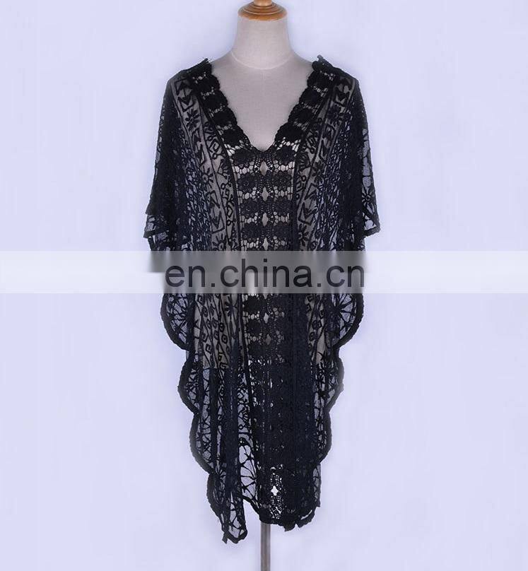 2019 Sexy See Through V-Neck Bats Sleeve V Back Loose Summer Beach Dress Lace Tunic Women Beachwear Plus Size Sarong Plage