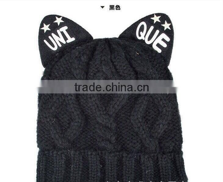 Unique Printed Cat Ear Decorated Polar Fleece Inside Twisted Knitting Women Girls Hat