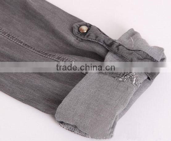 ladies cotton polo collar shirt solid color long sleeve jean blouse