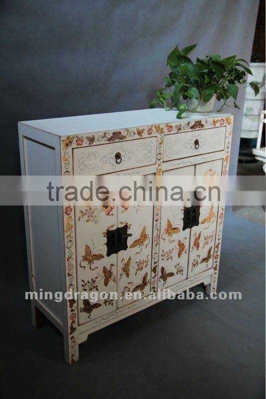 Chinese antique furniture pine wood White & golden four door two drawer painting butterfly cabinet