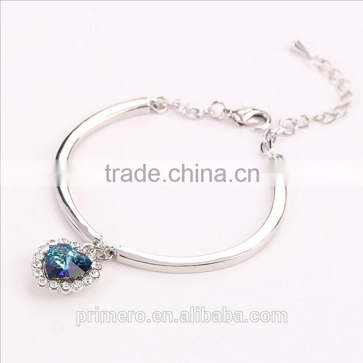Fashion Ocean Blue Sliver Plated Crystal Rhinestone Heart Charm Bracelet Bangle