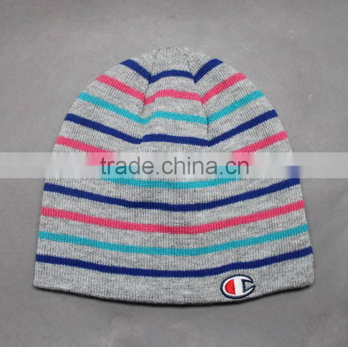 CUSTOM RED AND WHITE STRIPED BEANIE HAT WITH EMBROIDERY