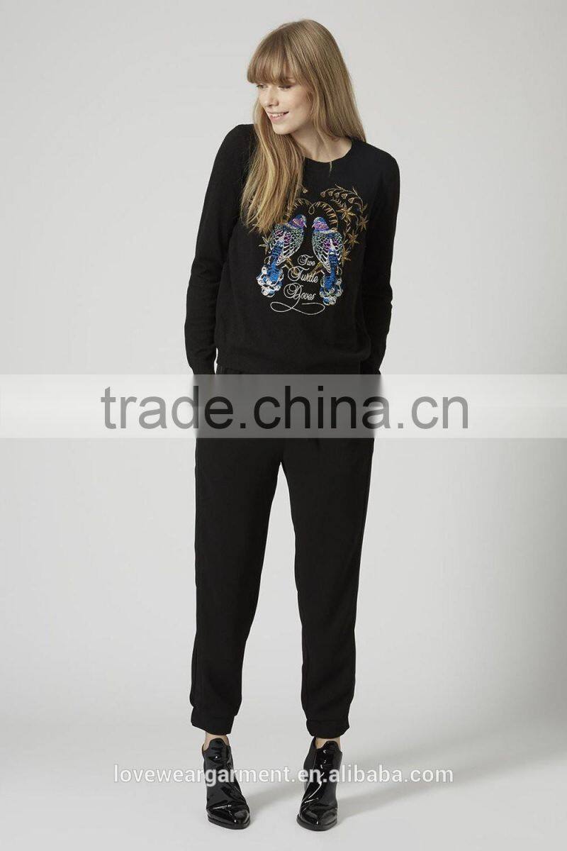 Women fashion pocket black nylon loose sweat pants