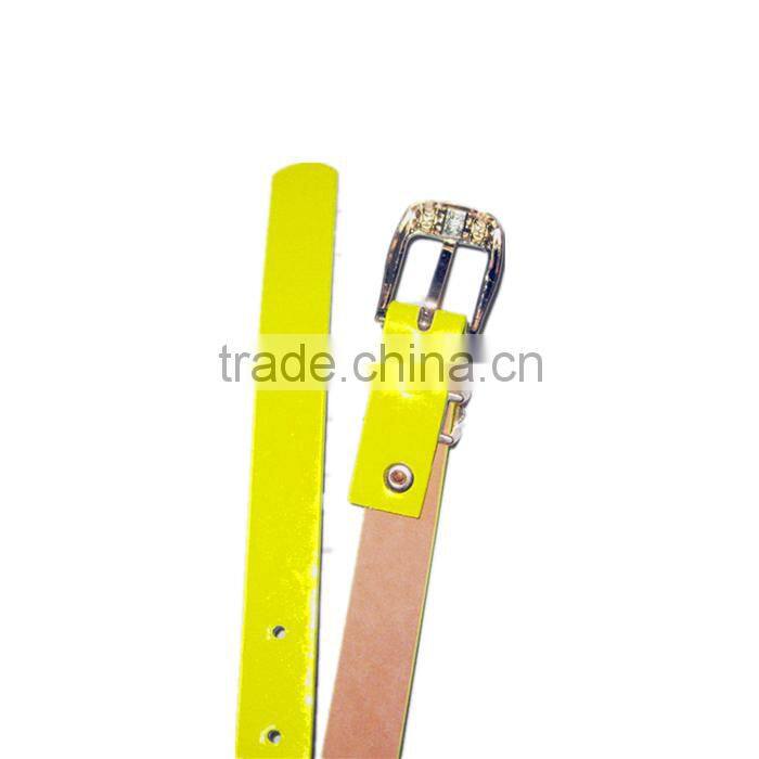 Yellow Patent Leather Reflective Woman Fashion PU Belt With Rhinestone Studded Buckle