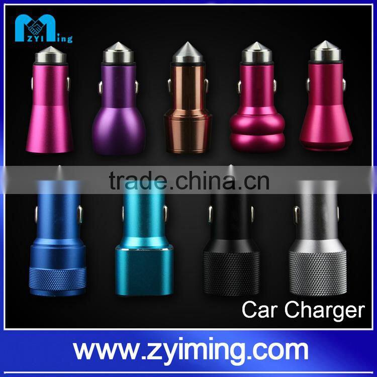 Zyiming newest design stainless steel car charger usb 5V 3.1A dual usb car charger for mobile phone and pad