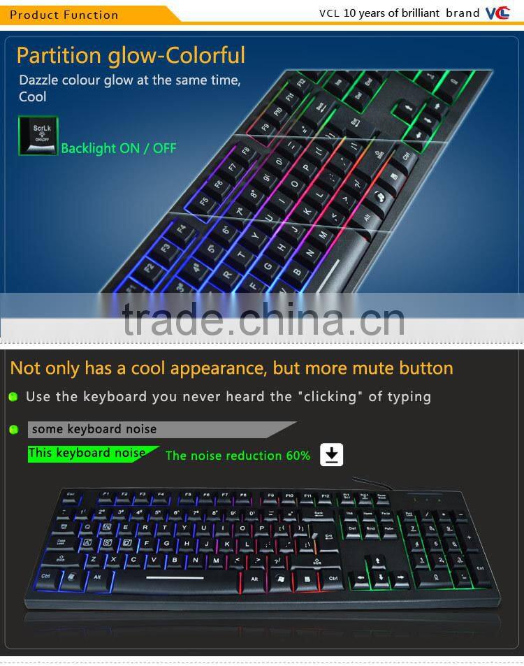 Three colors backlit usb wired partition flash office/net bar keyboard