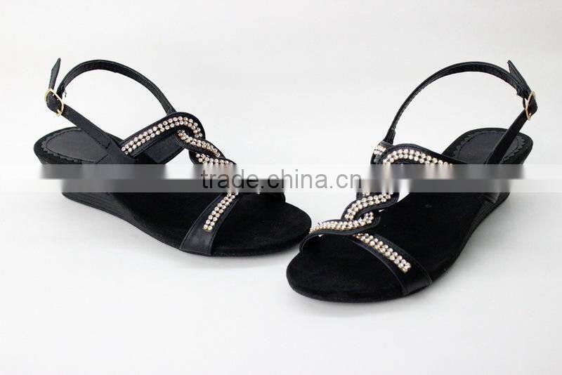 latest fashion weave rhinestone low wedge sandals for women
