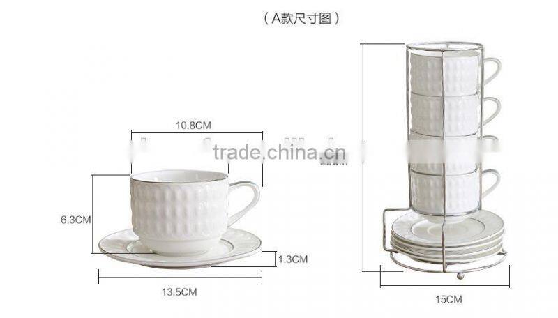 4-Piece Stackable Espresso Coffee/Tea Cup Set white and black Fine Porcelain with Metal Stand two type in stock