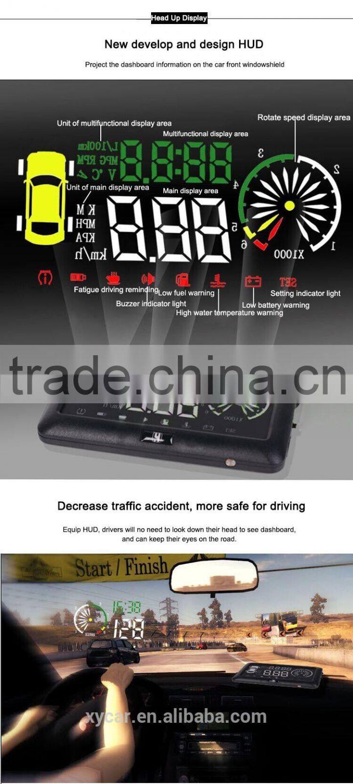 Universal cheap 3.8inch Digital Car HUD Easy Install Over Speed Aarm HUD ,Head Up Display XY-HUD204