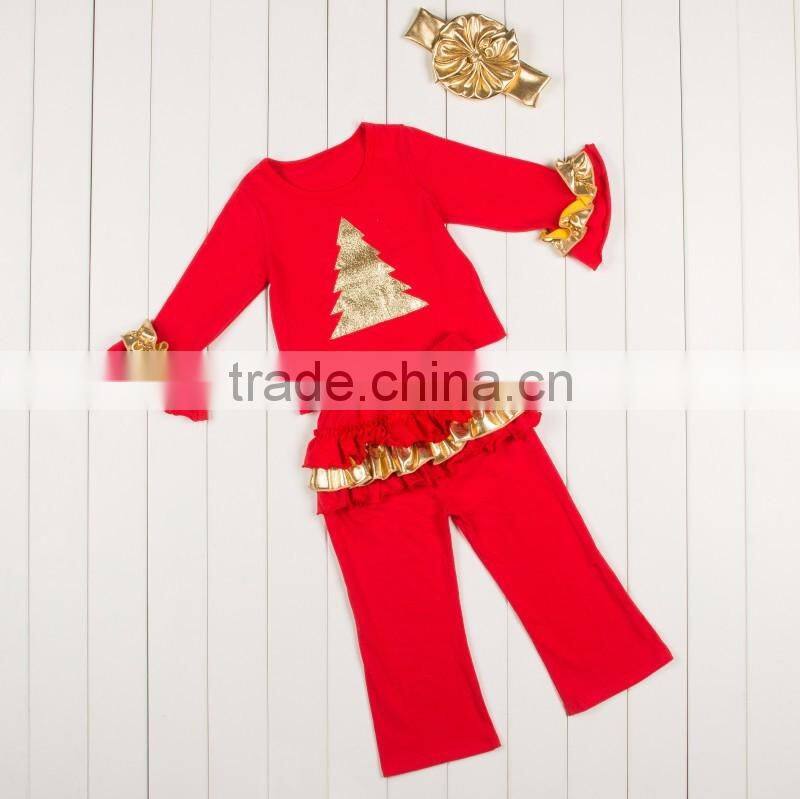Christmas tree Children Boutique Clothing Sets Girls Christmas outfit Days Outfits Kids Clothes For Santa Sequin Gold Ruffles