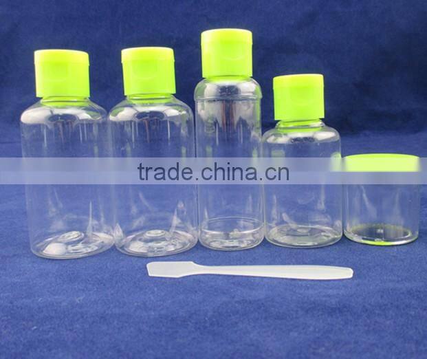 plastic color cheap travel bottle set for women travel boottle kit with green cap