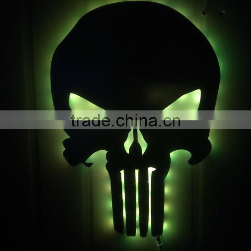 Creative Punisher Skeleton Shape Design Wall LED Light Mirror, Remote Control Colorful Decorative House Wall Mirror Light