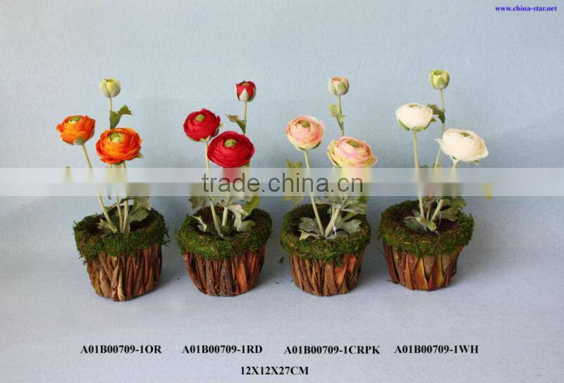 artificial ranunculus flower with rattan pot