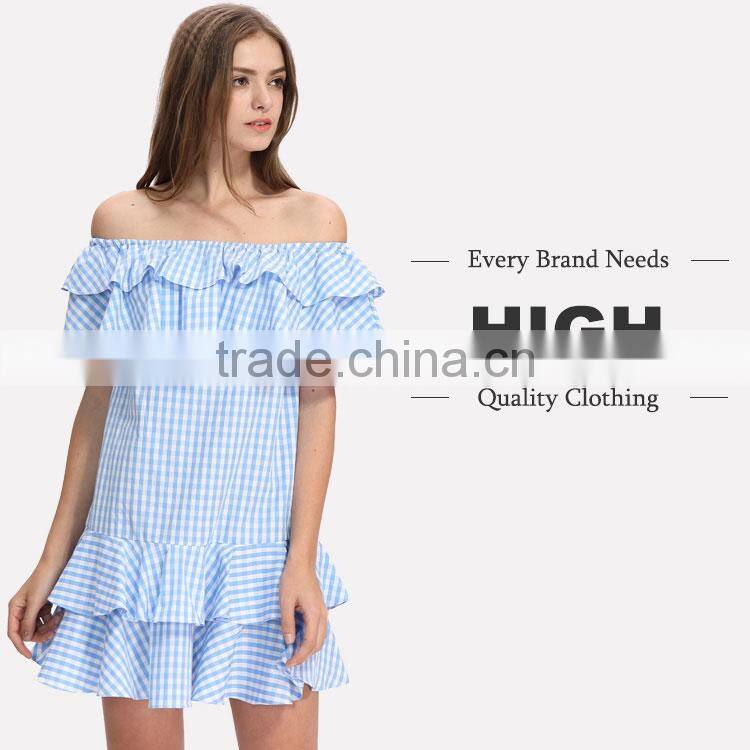 Off shoulder design woman summer fashion striped blue short falbala dress