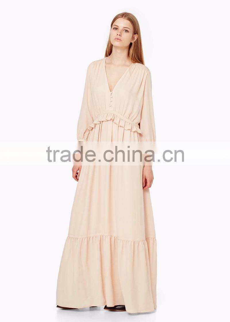 ladies western v neck button fastening long sleeve maxi dress frill layered