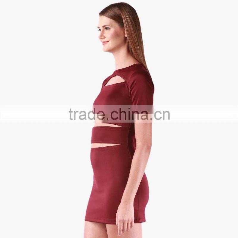 Wine Colored Solid Bodycon Dress For Ladies
