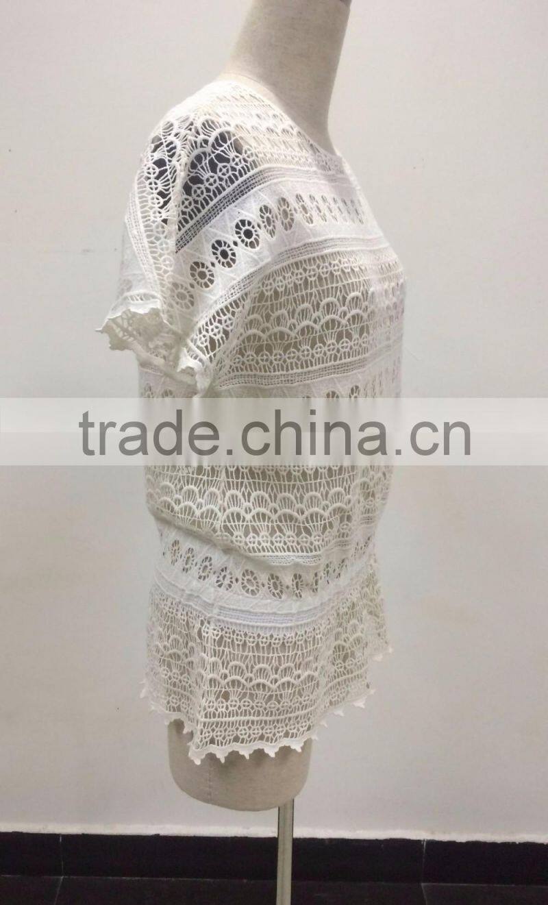 latest new ladies cummer crochet cotton lace short sleeve casual blouse top style