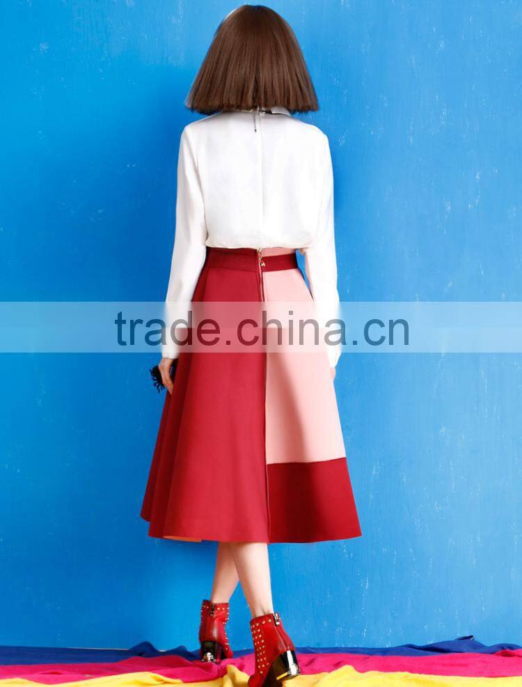 2015 winter hot sale womens A-Line High Waist patchwork long skirt