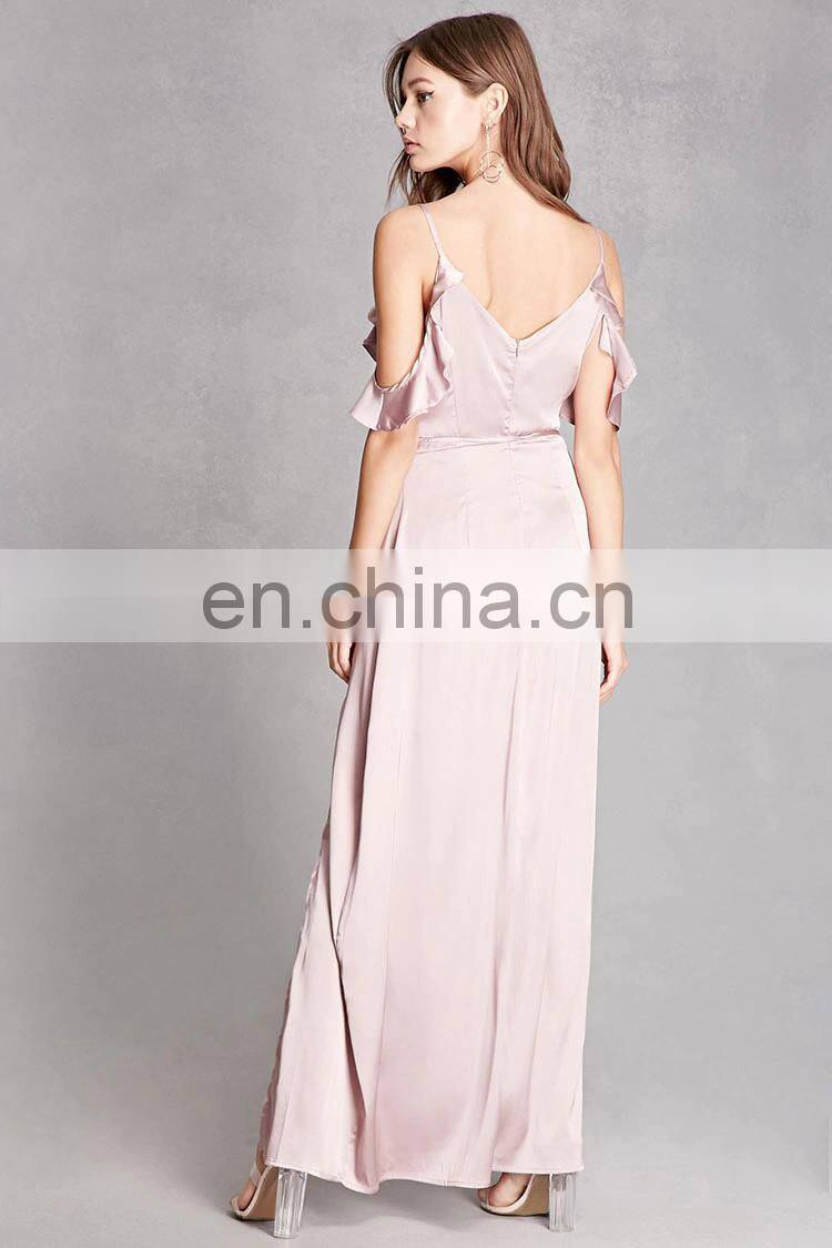 Trendy Satin Open Shoulders Maxi Dress with Self-tie Waist