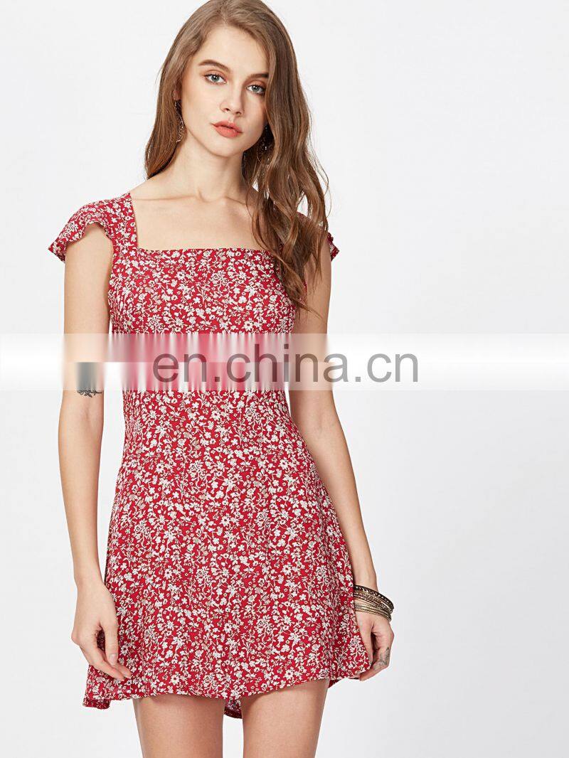 Florals Square Neck Criss Cross Bow Tie Back Beach Dress Sexy Model Hot Photos