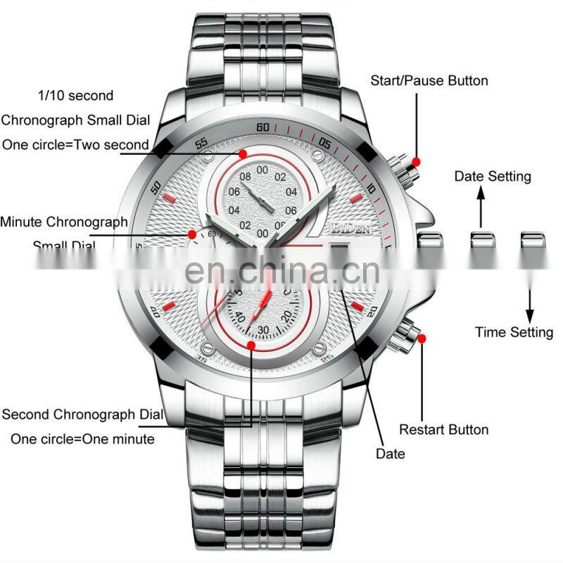 BIDEN 0085 Men Quartz Movement Casual Stainless Steel Band Watches Auto Date Automatic Chronograph Watch