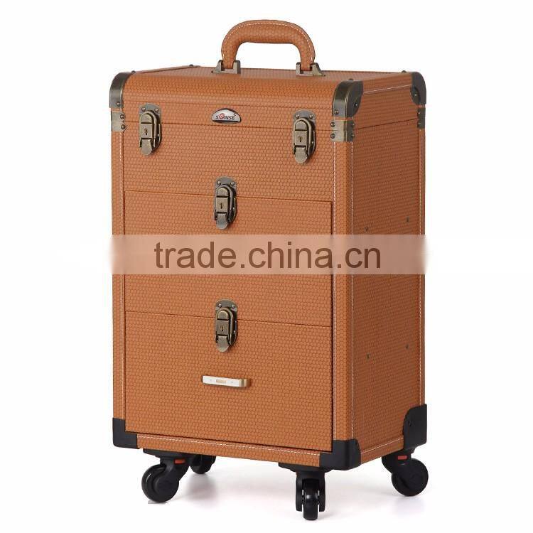 Manufacturer OEM trolley makeup artist case with functional wheels rolling and mirror
